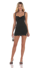 Embroidered Floral Trim Dress in Black