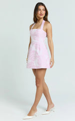 Gabbie Mini Dress Jacquard Halter Fit And Flare Dress in Pink