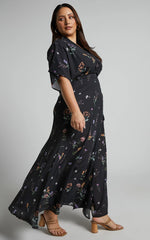 Erenza Maxi Dress - Extended Sleeve Wrap Dress in Black Flower Field