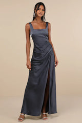 Red Carpet Romance Dark Grey Satin Square Neck Maxi Dress