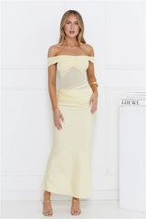 Silent Dreams Mesh Satin Off Shoulder Maxi Dress