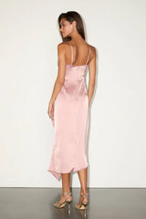 Caught Feelings Blush Satin Ruffled Midi Dress