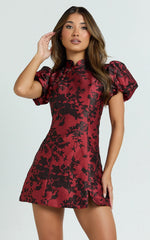Mackay Mini Dress Jacquard High Neck Puff Sleeve Dress in Red