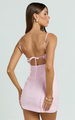 Gigi Mini Linen Blend Dress Sweetheart Tie Back Scallop Detail Dress in Pink