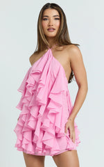 Carlson Mini Dress Halter Neck Ruffle Tiered Dress in Pink