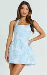 Gabbie Mini Dress Jacquard Halter Fit And Flare Dress in Blue
