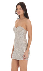 Sequin Strapless Bodycon Dress in Silver