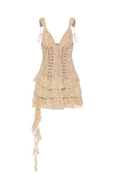 Lace-Up Ruffled Tiered Mini Dress in Tan Print