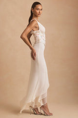Embellished Plunge Ruffled Corset Maxi Dress in Ivory
