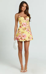 Marianna Mini Dress Floral Print V Neck Fit and Flare Dress in Yellow