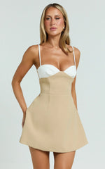 Simona Mini Dress Strapless Contrast Neck Tulip Skirt Dress in Beige