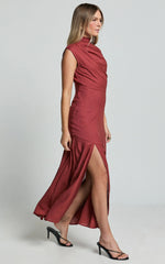 Arielle Maxi Linen Dress - High Neck Thigh Split Slip Dress in Rust