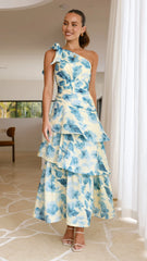 Odilie One Shoulder Maxi Dress - Yellow/Blue Floral
