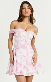 Alkie Mini Dress Off Shoulder Sweetheart Neck Fit & Flare Dress in Print