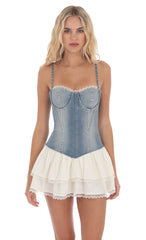 Two Toned Denim Ruffle Dress in Blue and White