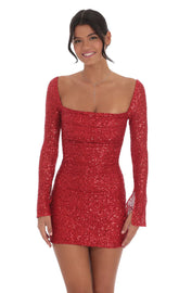 Sequin Long Sleeve Dress in Red