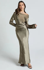 Arriana Midi Dress - Long Sleeve Cowl Back Satin Dress in Dark Olive
