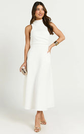 Macy Midi Dress - High Neck A Line Dress in Off White