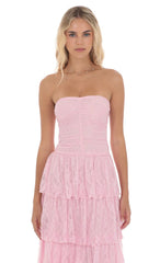 Lace Ruched Ruffle Maxi Dress in Pink