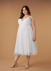 Diamond White A-Line V-Neck Sequins Tulle Dress