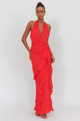 Libre Plunging Halter Ruffle Maxi Dress Red