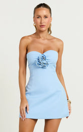 Odelle Mini Dress Tulip Hem Cut Out 3D Floral Dress in Blue