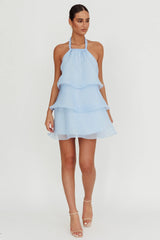 Tulips Tiered Halterneck Mini Dress Baby Blue