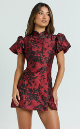 Mackay Mini Dress Jacquard High Neck Puff Sleeve Dress in Red