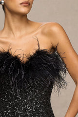 Daze | Black Sequin Bandeau Maxi Dress With Feather-Trim