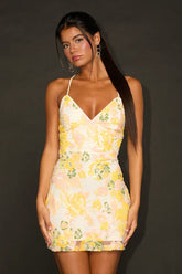 Mitzy Ivory Multi Floral Sequin Lace-Up Mini Dress