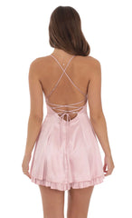 Satin Ruffle Flare Dress in Pink