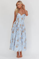 Get My Attention Pleat Waist Maxi Dress Bow Blue