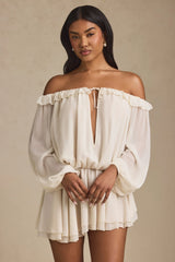 Off-Shoulder Asymmetric Balloon-Sleeve Mini Dress in Ivory