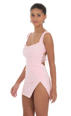Tulle Back Bow Ruched Bodycon Dress in Pink