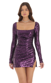 Sequin Long Sleeve Bodycon Dress in Purple