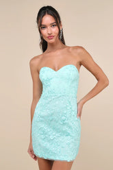 Exquisite Sensation Teal Floral Embroidered Strapless Mini Dress Lulus