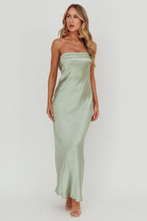 Kona Strapless Pleated Bust Satin Maxi Dress Sage