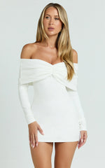 Rani Mini Dress Off Shoulder Long Sleeve Bodycon Dress in Off White