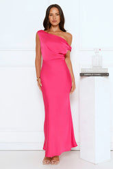 Late Night Luxe Off Shoulder Satin Maxi Dress Pink