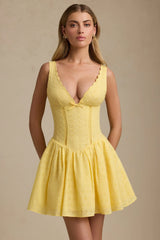 Broderie Anglaise Bow-Detail A-Line Mini Dress in Pastel Yellow