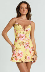 Marianna Mini Dress Floral Print V Neck Fit and Flare Dress in Yellow