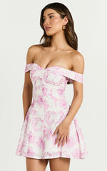 Alkie Mini Dress Off Shoulder Sweetheart Neck Fit & Flare Dress in Print