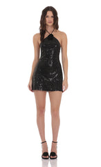 Sequin Florette Halter Dress in Black