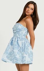 Laure Mini Dress Strapless Jacquard Dress in Blue