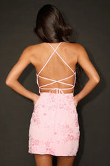 Alisia Pink Sequin Beaded Lace-Up Mini Dress