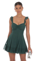 Shimmer Chiffon Ruffle Strap Dress in Green