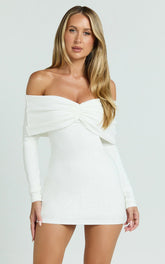 Rani Mini Dress Off Shoulder Long Sleeve Bodycon Dress in Off White