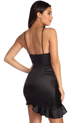 Ruched And Ruffled Satin Mini Dress