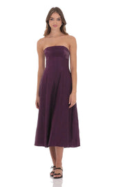 Sheen Empire Waist Midi Dress in Purple Crinkle
