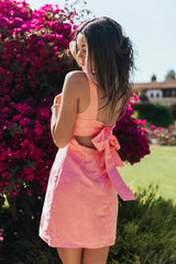 Perfectly Flirtatious Pink Floral Jacquard Tie-Back Mini Dress